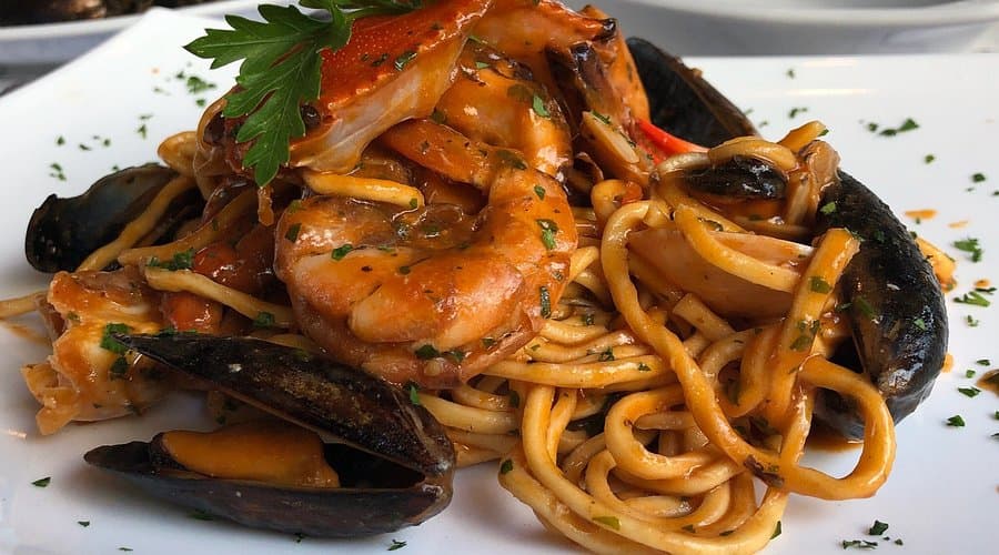 Seafood pasta with shrimp and mussels at Trattoria del Centro in Playa del Carmen