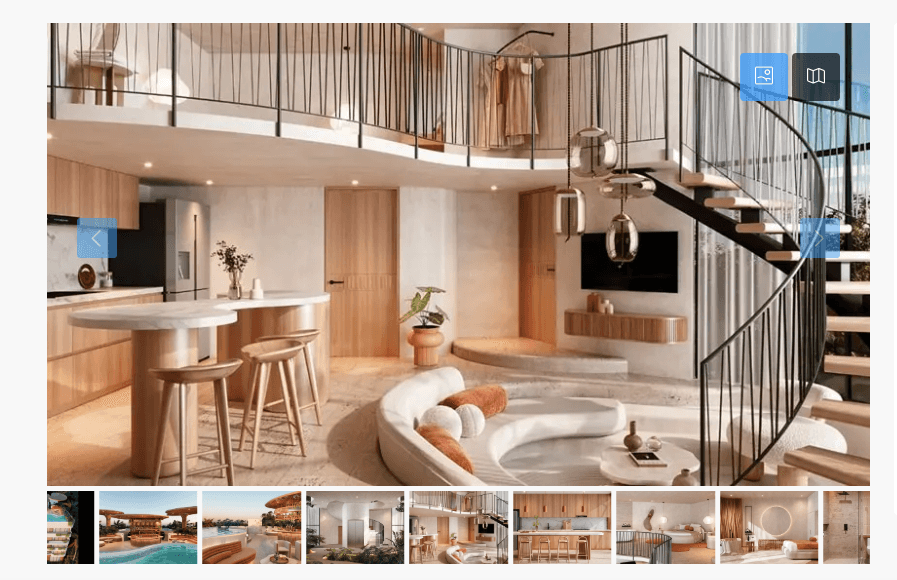 Open-plan loft living room and kitchen at The Curve Tulum