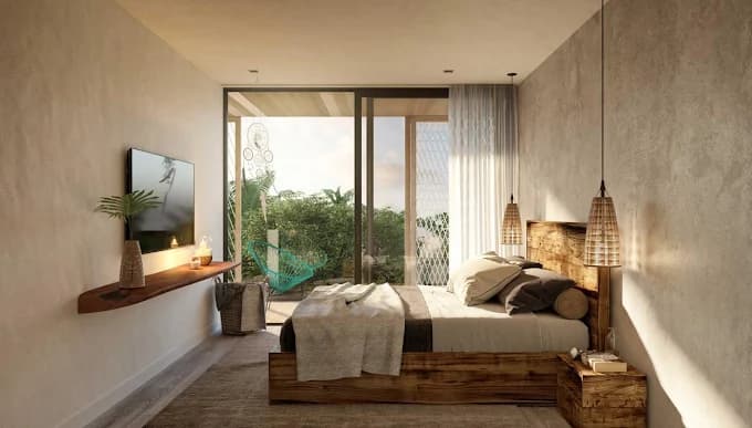 Ecochic king bedroom at Artia Condos with woven pendants